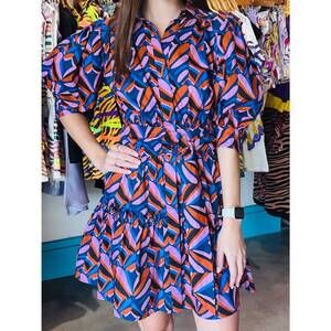 NEW SINCERELY OURS abstract tile mini dress in blue